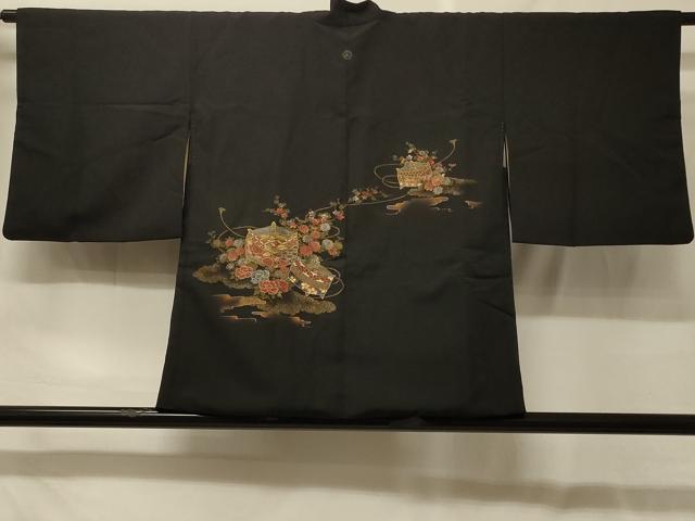 平和屋着物＃羽織　寿光織　糸車花文　暈し染め　黒地　金銀糸　正絹　逸品　CABF9053in