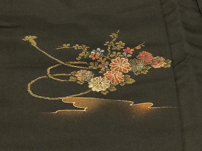 平和屋着物＃羽織　寿光織　糸車花文　暈し染め　黒地　金銀糸　正絹　逸品　CABF9053in