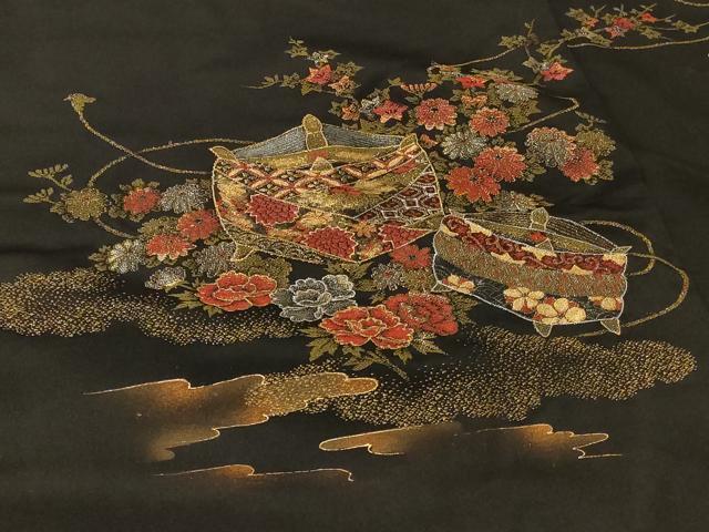 平和屋着物＃羽織　寿光織　糸車花文　暈し染め　黒地　金銀糸　正絹　逸品　CABF9053in