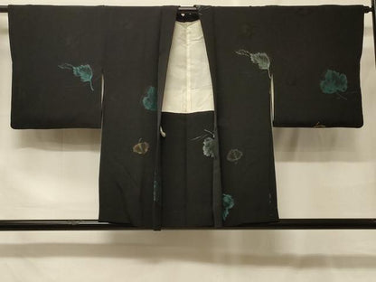 平和屋着物＃羽織　寿光織　舞葉文　黒地　金糸　正絹　逸品　CABF9054in