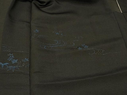 平和屋着物＃羽織　寿光織　流水草葉文　黒地　正絹　逸品　CABF9055in