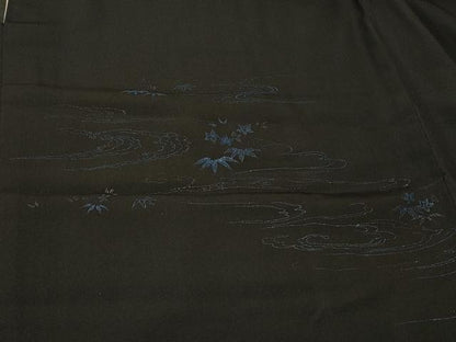 平和屋着物＃羽織　寿光織　流水草葉文　黒地　正絹　逸品　CABF9055in
