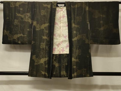 平和屋着物＃羽織　寿光織　御所車檜扇文　黒地　金糸　正絹　逸品　CABF9060in