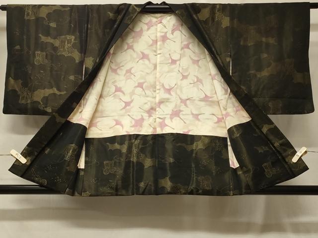 平和屋着物＃羽織　寿光織　御所車檜扇文　黒地　金糸　正絹　逸品　CABF9060in