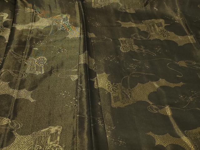 平和屋着物＃羽織　寿光織　御所車檜扇文　黒地　金糸　正絹　逸品　CABF9060in