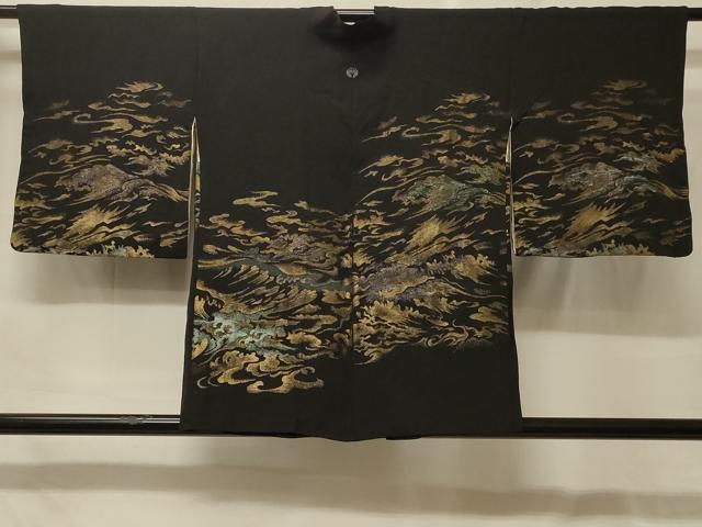 平和屋着物＃羽織　寿光織　立波文　黒地　金銀糸　正絹　逸品　CABF9063in