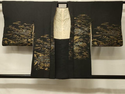 平和屋着物＃羽織　寿光織　立波文　黒地　金銀糸　正絹　逸品　CABF9063in