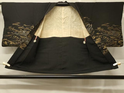 平和屋着物＃羽織　寿光織　立波文　黒地　金銀糸　正絹　逸品　CABF9063in