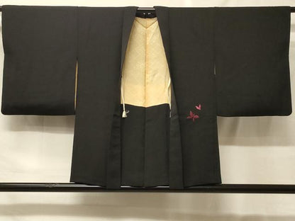 平和屋着物＃羽織　総刺繍　枝花文　黒地　正絹　逸品　CABF9067in