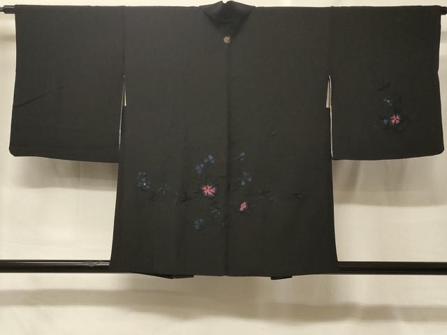 平和屋着物＃羽織　総刺繍　枝花文　黒地　正絹　逸品　CABF9077in