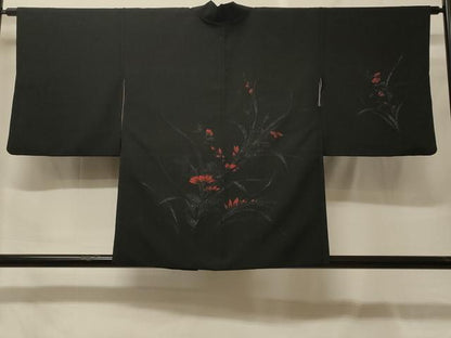 平和屋着物＃羽織　総刺繍　草花文　黒地　正絹　逸品　CABF9079in
