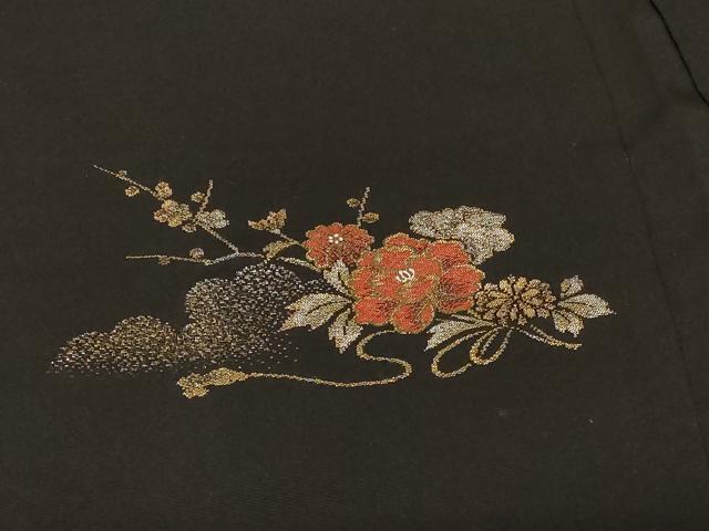 平和屋着物＃羽織　寿光織　雲取り花車文　黒地　金銀糸　正絹　逸品　CABF9082in