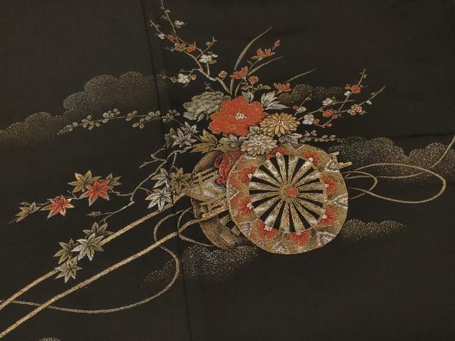 平和屋着物＃羽織　寿光織　雲取り花車文　黒地　金銀糸　正絹　逸品　CABF9082in