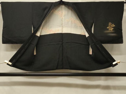 平和屋着物＃羽織　刺繍　源氏車絵巻花文　黒地　金彩　正絹　逸品　未使用　CABF9086in