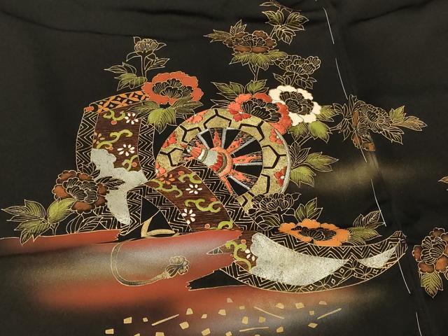 平和屋着物＃羽織　刺繍　源氏車絵巻花文　黒地　金彩　正絹　逸品　未使用　CABF9086in