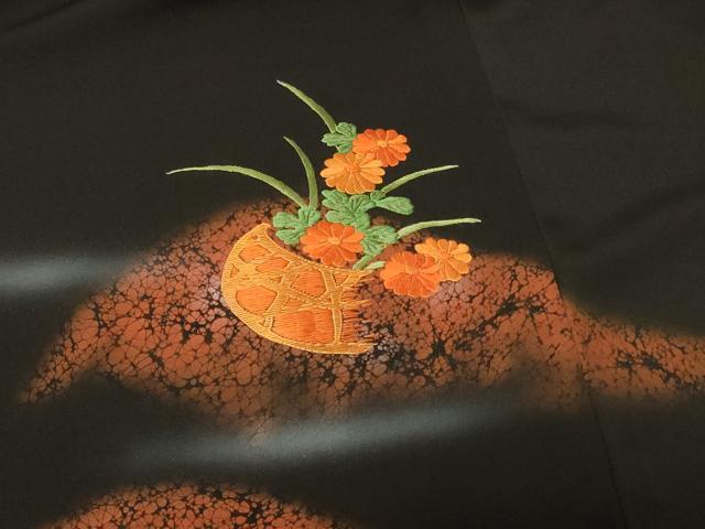 平和屋着物＃羽織　刺繍　花籠文　暈し染め　黒地　正絹　逸品　CABF9087in