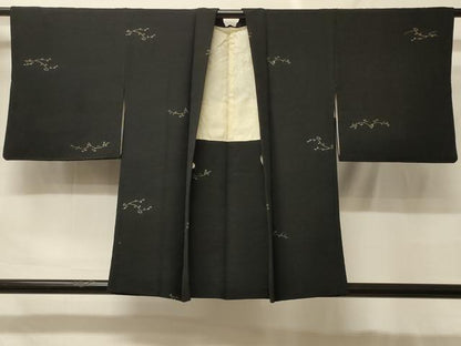 平和屋着物＃羽織　寿光織　枝葉文　黒地　金糸　正絹　逸品　CABF9095in
