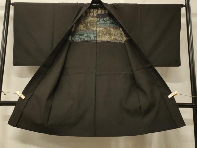 平和屋着物＃男性　長羽織　黒地　正絹　逸品　CABF9114in