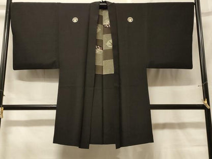 平和屋着物＃男性　長羽織　黒紋付き　正絹　逸品　CABF9119in