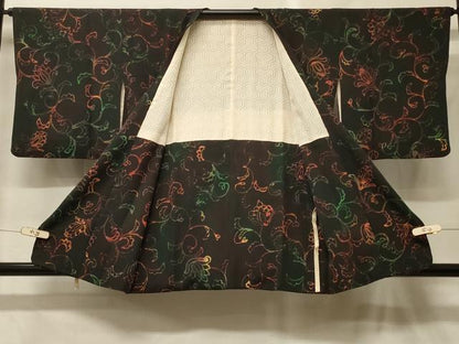 平和屋着物＃道行コート　更紗花文　黒地　正絹　逸品　CABF9124in