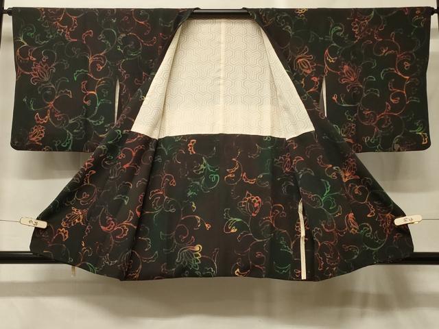 平和屋着物＃道行コート　更紗花文　黒地　正絹　逸品　CABF9124in