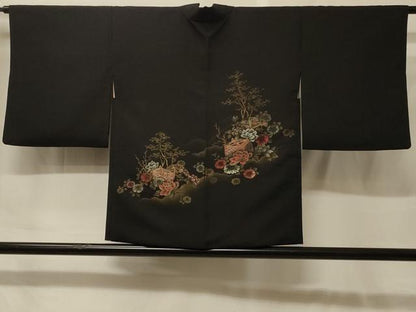 平和屋着物＃羽織　寿光織　糸車草花文　黒地　金糸　正絹　逸品　CABF9133in