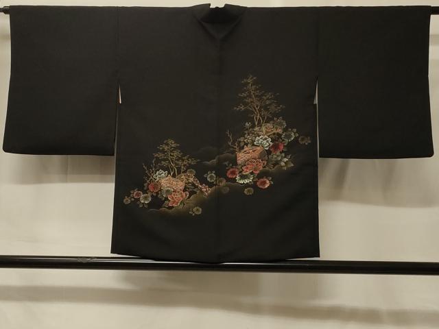 平和屋着物＃羽織　寿光織　糸車草花文　黒地　金糸　正絹　逸品　CABF9133in