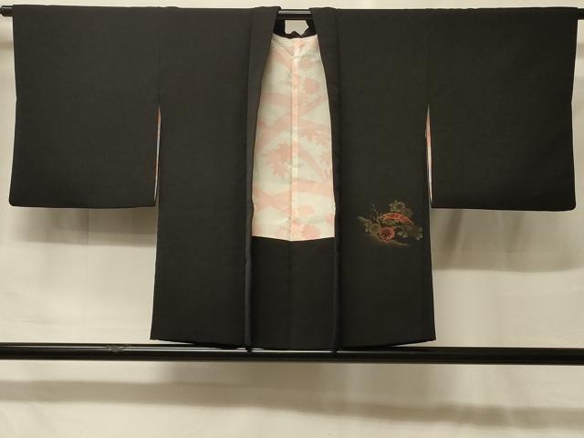 平和屋着物＃羽織　寿光織　糸車草花文　黒地　金糸　正絹　逸品　CABF9133in