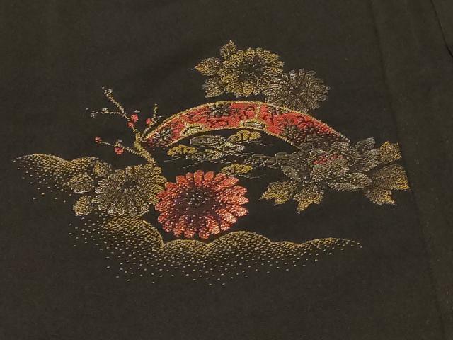 平和屋着物＃羽織　寿光織　糸車草花文　黒地　金糸　正絹　逸品　CABF9133in