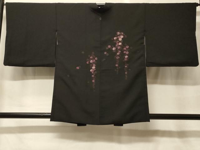 平和屋着物＃羽織　総刺繍　枝垂れ花文　黒地　正絹　逸品　CABF9145in