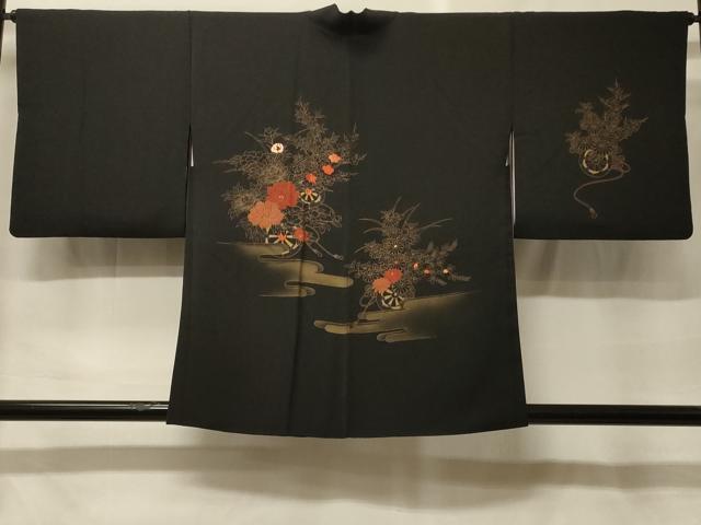 平和屋着物＃羽織　刺繍　花車文　黒地　金彩　正絹　逸品　CABF9150in