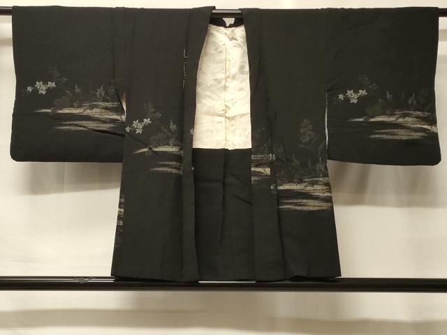 平和屋着物＃羽織　寿光織　霞枝花文　黒地　銀糸　正絹　逸品　CABF9151in