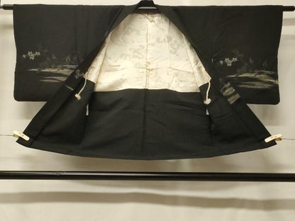 平和屋着物＃羽織　寿光織　霞枝花文　黒地　銀糸　正絹　逸品　CABF9151in