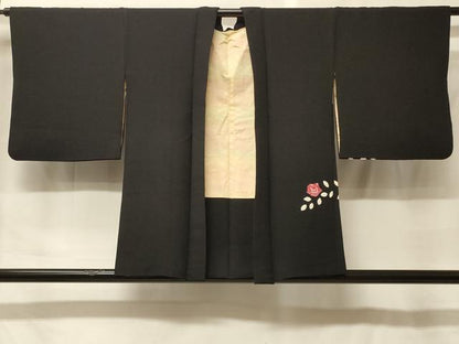 平和屋着物＃羽織　絞り　草花文　黒地　正絹　逸品　CABF9156in