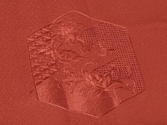 平和屋着物＃中国三大刺繍 スワトウ刺繍 総刺繍 道行コート リバーシブル 色無地 亀甲草花地紋 銀朱色 正絹 逸品 未使用 CABF9160in