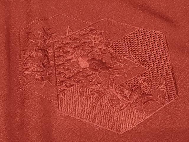 平和屋着物＃中国三大刺繍 スワトウ刺繍 総刺繍 道行コート リバーシブル 色無地 亀甲草花地紋 銀朱色 正絹 逸品 未使用 CABF9160in