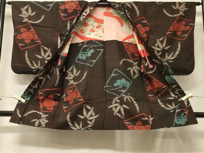 平和屋着物＃長羽織　紬地　色紙草花丸文　正絹　逸品　CABF9176in