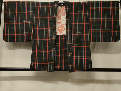 平和屋着物＃本場縞大島紬　羽織　格子柄　黒地　正絹　逸品　CABF9177in