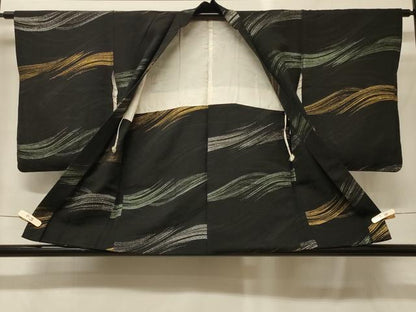 平和屋着物＃羽織　寿光織　立波文　黒地　金銀糸　正絹　逸品　CABF9192in