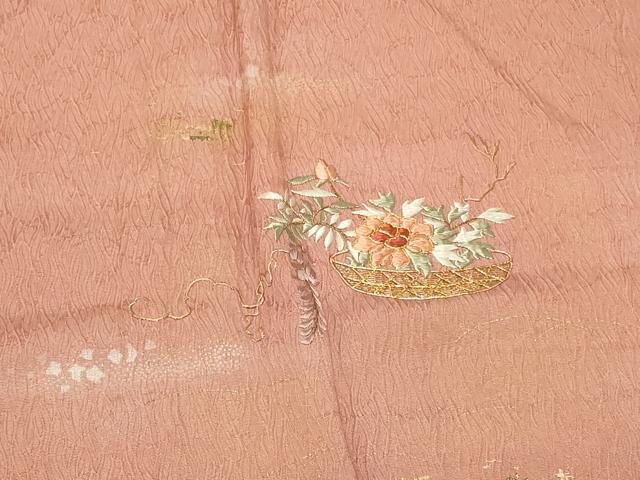平和屋着物＃道行コート　駒刺繍　花籠文　金銀彩　正絹　逸品　CABF9197in