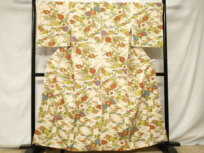 平和屋着物■上質な小紋 松葉草花文 金彩 鬼しぼ縮緬 正絹 逸品 CABF9204ev