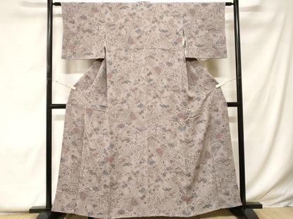平和屋着物■上質な小紋　型染め　遠山飛鶴花文　鬼しぼ縮緬　正絹　逸品　CABF9228ev
