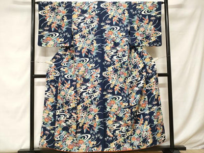 平和屋着物■上質な小紋　型染め　流水花鳥文　正絹　逸品　CABF9238ev