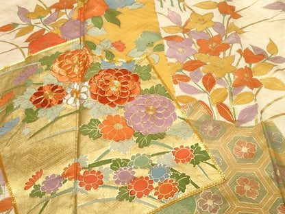 平和屋着物■豪華振袖　駒刺繍　破れ色紙草花文　金彩　正絹　逸品　CABF9266ev