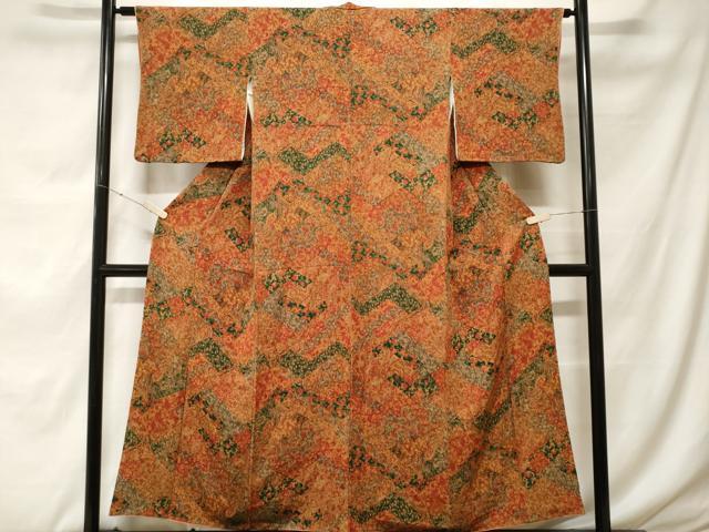 平和屋着物▽上質な小紋　単衣　更紗花文　鬼しぼ縮緬　正絹　逸品　AABF6774jh 平和屋着物▽上質な小紋 単衣 格子 鬼しぼ縮緬 正絹 逸品 AABC2213jh