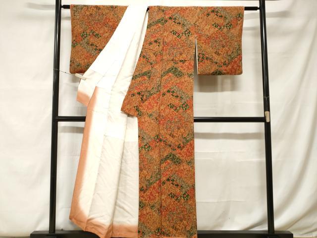 平和屋着物□上質な小紋 切嵌更紗花文 鬼しぼ縮緬 正絹