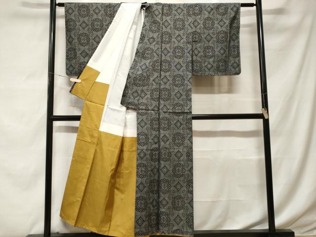 平和屋着物■本場大島紬　割り込み絣　幾何学花唐草文　正絹　逸品　未使用　CABF9333ev 平和屋着物□本場大島紬 割り込み絣 幾何学花唐草文 正絹 逸品 未