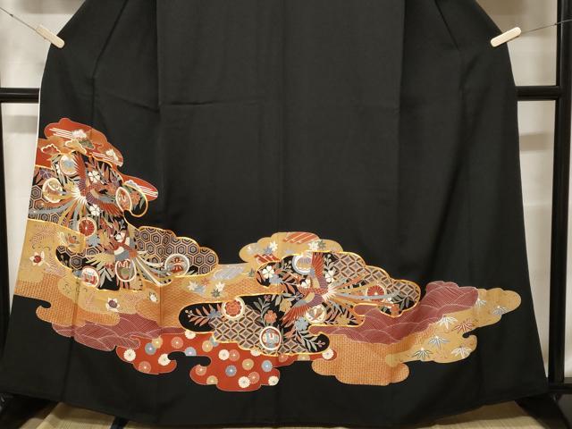平和屋着物■豪華黒留袖　駒刺繍　鳳凰吉祥花丸文　金彩　正絹　逸品　CABF9335ev 平和屋着物□豪華黒留袖 駒刺繍 鳳凰更紗花文 金彩 正絹 逸品