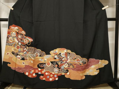 平和屋着物■豪華黒留袖 駒刺繍 鳳凰吉祥花丸文 金彩 正絹 逸品 CABF9335ev
