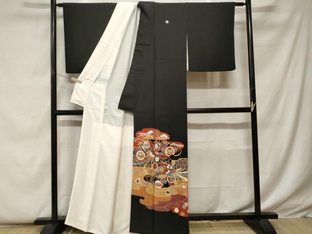 平和屋着物■豪華黒留袖　駒刺繍　鳳凰吉祥花丸文　金彩　正絹　逸品　CABF9335ev 平和屋着物□豪華黒留袖 駒刺繍 鳳凰更紗花文 金彩 正絹 逸品